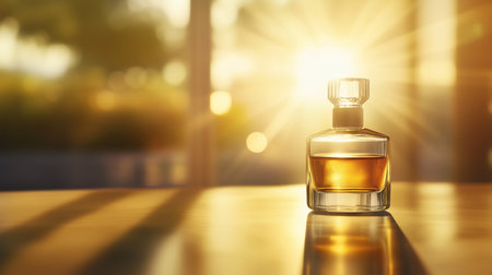 Elegant glass perfume bottle illuminated by sunlight in a serene setting during golden hourの素材