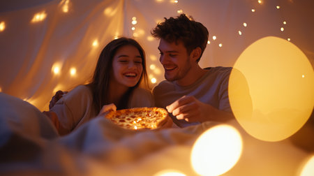 Couple enjoys a cozy evening with pizza and lights in a comfortable settingの素材
