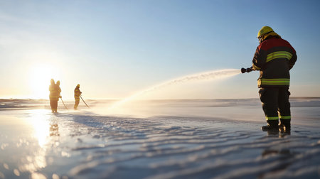 Firefighters conduct ice rescue training on a frosty lake under a clear blue sky during sunsetの素材