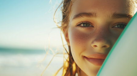 Smiling girl holding a surfboard at the beach on a sunny day with ocean waves in the backgroundの素材