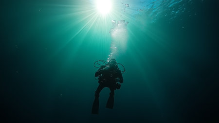 Diver explores the underwater world with sunlight filtering through the surface in a serene aquatic environmentの素材