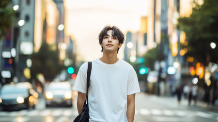 Young man walks confidently down a busy street in an urban setting during sunset in a vibrant city atmosphereの素材
