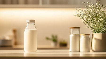 Milk bottle with glass jars and flowers displayed on a kitchen countertop during a serene morningの素材