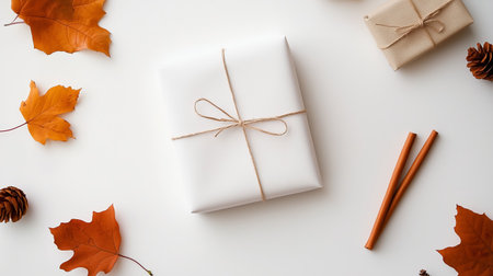 White gift box wrapped with twine surrounded by autumn leaves and decorative elements on a light backgroundの素材