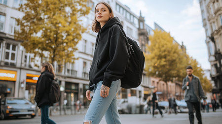 Young woman walks through a vibrant city street adorned with autumn foliage during a cool day in townの素材