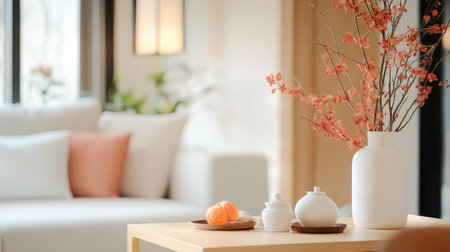 Elegant minimalist living room with decorative flowers and soft lighting during daytimeの素材