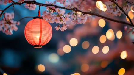 Cherry blossoms and red lanterns create a magical atmosphere during a spring evening celebrationの素材