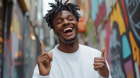 Young man joyfully posing in an urban alleyway filled with colorful street art and graffiti during the daytimeの素材