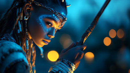 Young warrior with intricate face paint and ceremonial attire in a mystical setting at duskの素材