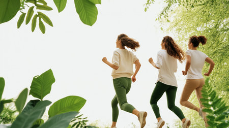 Three women jogging in a lush green park during daylight with fresh foliage aroundの素材