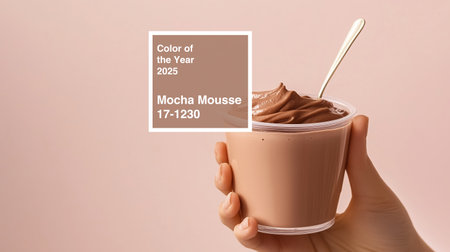 Delicious mocha mousse served in a cup with a spoon held in hand against a soft, neutral backgroundの素材