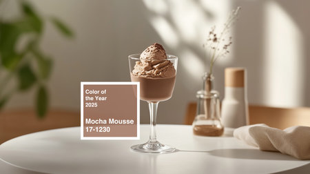 Mocha mousse dessert served in elegant glass on a cafe table amidst welcoming, soft natural lightの素材
