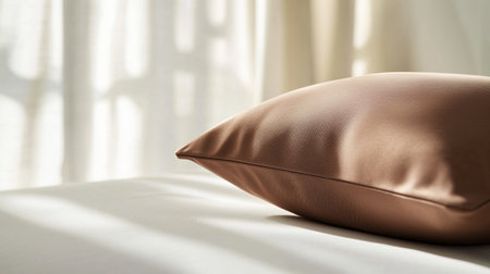 Soft brown pillow resting on a neatly made bed with sunlight filtering through sheer curtains in a cozy roomの素材