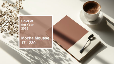 Mocha Mousse selected as color of the year for 2025 with coffee and notebook on a sunlit tableの素材