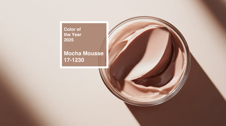 Mocha mousse dessert served in a glass bowl with soft shadows highlighting its creamy texture in natural lightの素材