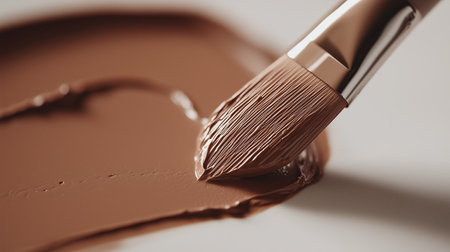 Brush applying smooth brown paint on a surface showing artistic creation in progressの素材