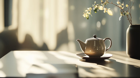 Teapot and delicate flowers on a table in soft afternoon light in a cozy indoor settingの素材