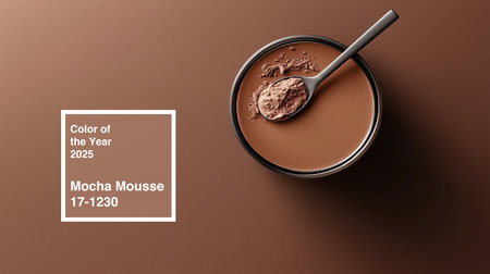 Mocha mousse dessert presented in a stylish bowl against a warm brown backdrop for 2025 color of the year displayの素材