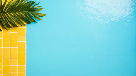 Bright tropical background featuring vibrant tiles and lush green leaves with a clean blue surface reflecting sunlightの素材