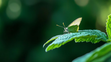 Butterfly resting on a vibrant green leaf in a serene natural setting during daylightの素材