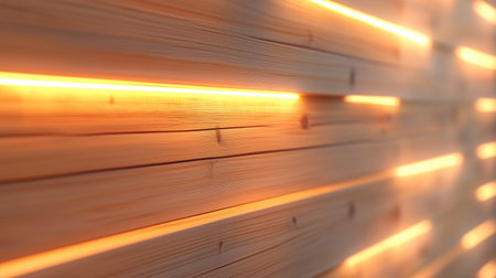 Warm wood paneling with glowing light accents creates a cozy and inviting atmosphere in a modern interior spaceの素材