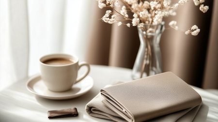 Cozy morning setup with coffee, fresh flowers, and a soft towel on a table beside natural lightの素材