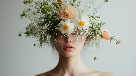 Creative portrait of a woman with a floral arrangement as a headpiece in a soft aesthetic backgroundの素材