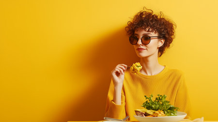 Stylish young woman enjoying a snack while seated against a vibrant yellow backgroundの素材