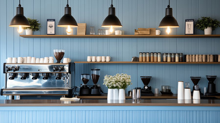 Coffee shop interior with modern design featuring espresso machine and shelvingの素材