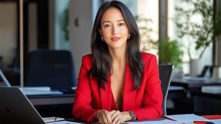 Young professional woman in a red suit smiles confidently at her desk in a modern office setting, showcasing professionalism and styleの素材