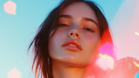 Captivating portrait of a young woman with soft features and a glowing expression in a vibrant outdoor settingの素材