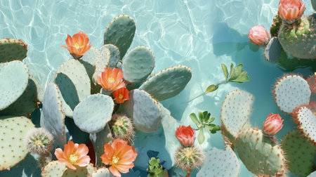 Colorful cacti bloom in a serene pool setting during bright daylight hours in a tranquil oasisの素材