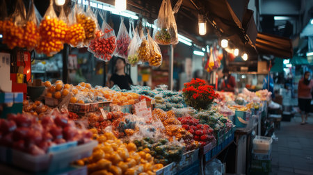 Vibrant market filled with fresh fruits and colorful produce during a lively evening in a bustling neighborhoodの素材