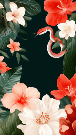 Festive celebration with colorful presents and playful snakes in a vibrant red setting during a holiday gatheringの素材