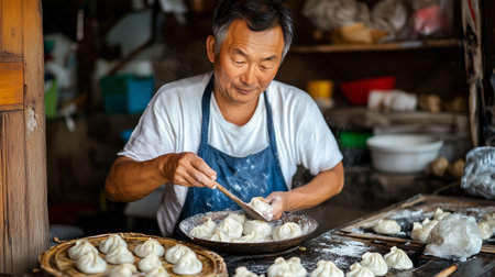 Elderly man skillfully preparing dumplings in a cozy kitchen during daylight hoursの素材