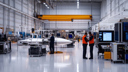 Engineers collaborate in a high-tech manufacturing facility focused on aerospace technology in an industrial settingの素材