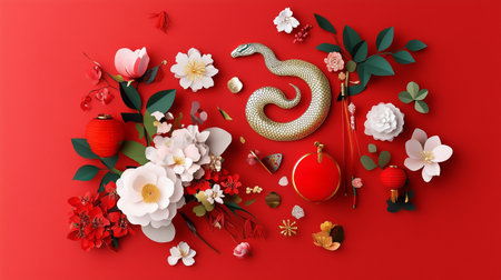 Floral arrangement with a snake on a vibrant red background depicting a celebratory themeの素材