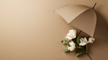 Decorative umbrella with white flowers resting against a neutral background, creating a serene ambianceの素材