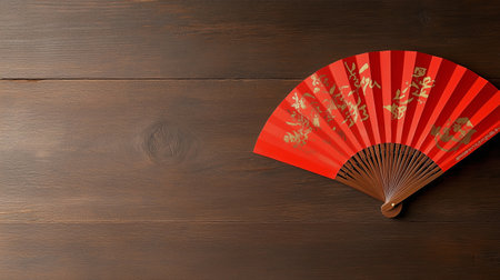 Traditional red fan displayed on a wooden surface, showcasing intricate designs and cultural significanceの素材