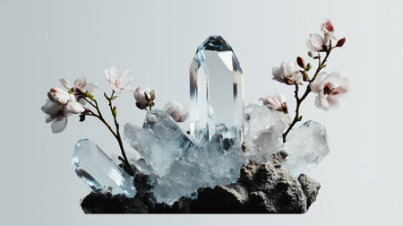 Crystal arrangement with delicate flowers on a neutral background showcasing natural beauty and eleganceの素材