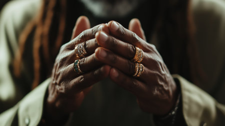 Hands adorned with rings create an artistic display of texture and detail in a soft-focused settingの素材