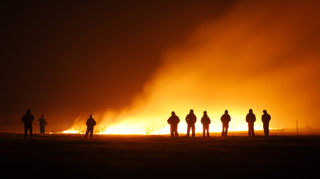 Firefighters battle a large wildfire at night with flames illuminating the dark skyの素材