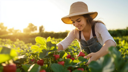 Young woman harvesting strawberries in a sunlit field during late afternoonの素材