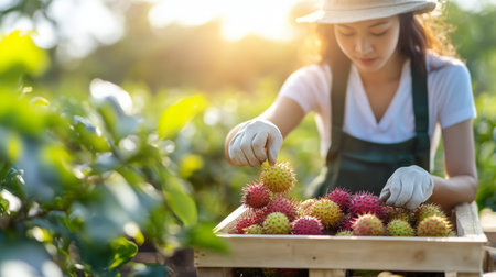 Woman harvesting fresh rambutans in a sunlit orchard during late afternoon hours in a tropical regionの素材