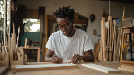 Young man engages in detailed wood crafting activity in a workshop during daylight hoursの素材