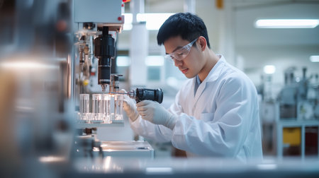 Scientist conducts research in laboratory using advanced equipment and tools for analysis and experimentationの素材