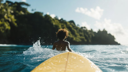 Surfer paddling on yellow board in clear waters near lush green coastline on a sunny dayの素材