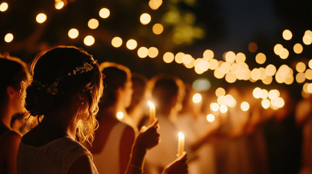Candlelight gathering under twinkling lights in an outdoor setting during a summer eveningの素材