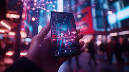 Hand holding smartphone displaying vibrant city scene at night with colorful lights and people walkingの素材