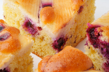 Delicious slice of blueberry dessert cake displayed on a white plate, perfect for a summer gathering...